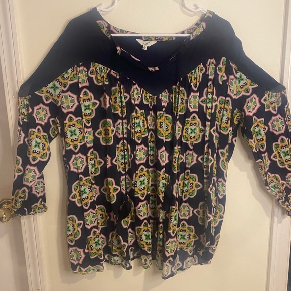 crown & ivy Tops - Crown & Ivy peasant shirt navy blue green tassel 3/4 length sleeves size 2x